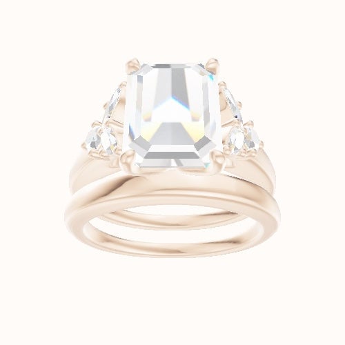 Cathedral Band with Marquise & Round Diamond Sidestones Engagement Ring With Petal Four Prong Head and Matching Band