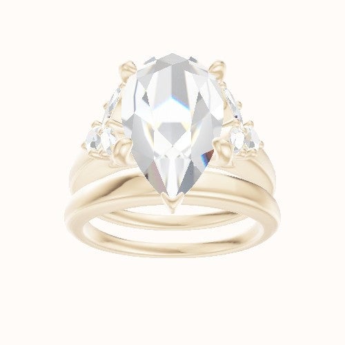 Cathedral Band with Marquise & Round Diamond Sidestones Engagement Ring With X Gallery Head and Matching Band