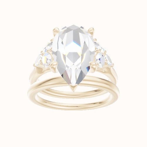 Cathedral Band with Marquise & Round Sidestone Trio Engagement Ring With Four Prong Head and Matching Band