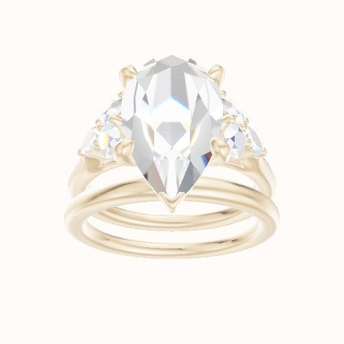 Cathedral Band with Marquise & Round Sidestone Trio Engagement Ring With Low Set Four Prong Head and Matching Band