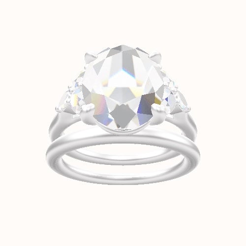 Cathedral Band with Marquise & Round Sidestone Trio Engagement Ring With Low Set Four Prong Head and Matching Band