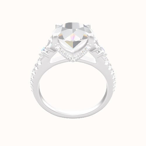 Cathedral Band with Marquise & Round Sidestone Trio Engagement Ring With Pave V Prong Head