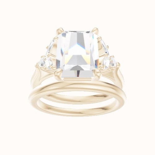 Cathedral Band with Marquise & Round Sidestones Engagement Ring With Low Set Four Prong Head and Matching Band