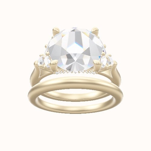 Cathedral Band with Marquise & Round Sidestones Engagement Ring With Pave V Prong Head and Matching Band