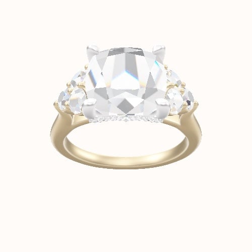 Cathedral Band with Round Sidestone Trio Engagement Ring With Pave V Prong Head