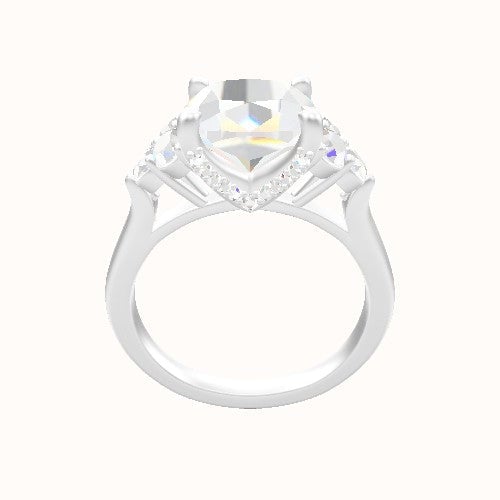 Cathedral Band with Round Sidestone Trio Engagement Ring With Pave V Prong Head