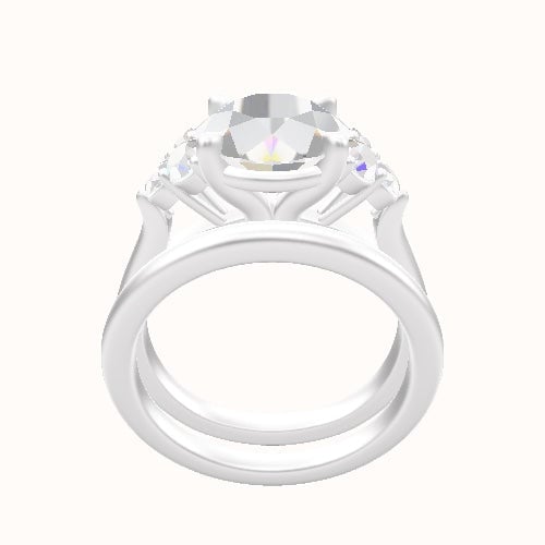 Cathedral Band with Round Sidestone Trio Engagement Ring With Standard Four Prong Head and Matching Band