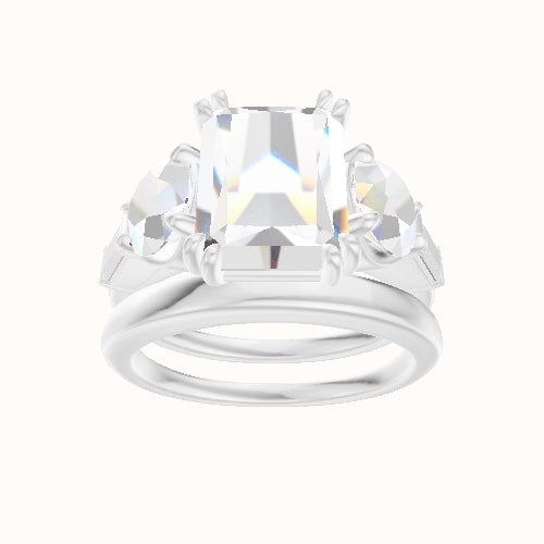 Cathedral Band with Round & Straight Baguette Sidestones Engagement Ring With Double Prongs Head and Matching Band