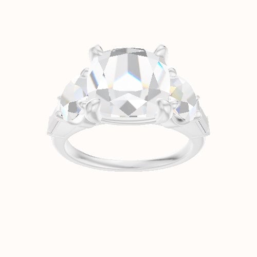 Cathedral Band with Round & Straight Baguette Sidestones Engagement Ring With Low Set Four Prong Head