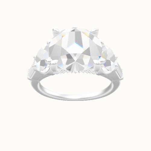Cathedral Band with Round & Straight Baguette Sidestones Engagement Ring With Pave V Prong Head