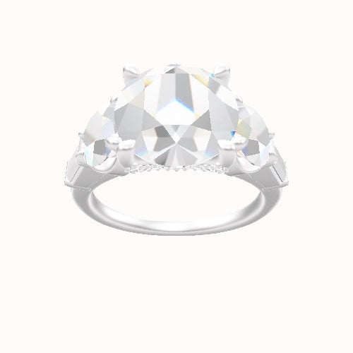 Cathedral Band with Round & Straight Baguette Sidestones Engagement Ring With Pave V Prong Head