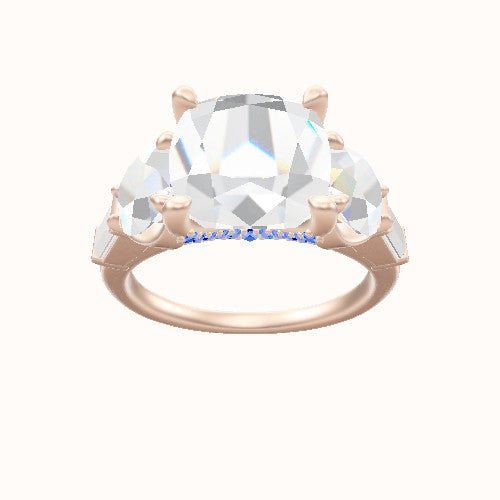 Cathedral Band with Round & Straight Baguette Sidestones Engagement Ring With Pave V Prong Head