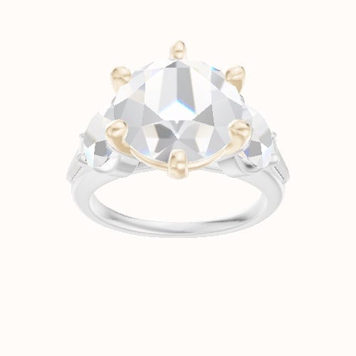 Cathedral Band with Round & Tapered Baguette Sidestones Engagement Ring With High Set Six Prong Head