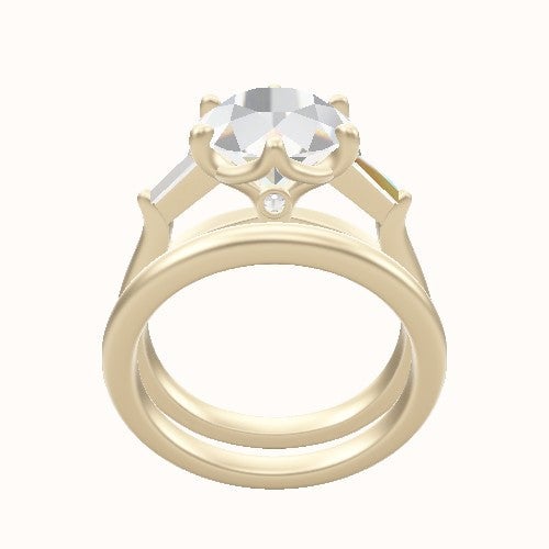 Cathedral Band with Tapered Baguette Sidestones Engagement Ring With Crown Six Prong w. accent Diamond Head and Matching Band