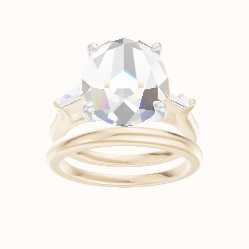 Cathedral Band with Tapered Baguette Sidestones Engagement Ring With Four Prong Head and Matching Band