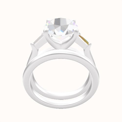 Cathedral Band with Tapered Baguette Sidestones Engagement Ring With Four Prong Head and Matching Band