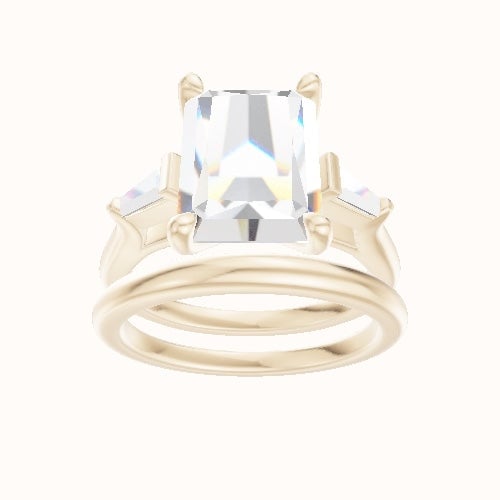 Cathedral Band with Tapered Baguette Sidestones Engagement Ring With Four Prong Head and Matching Band