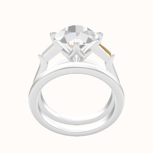 Cathedral Band with Tapered Baguette Sidestones Engagement Ring With Petal Compass Prong Head and Matching Band