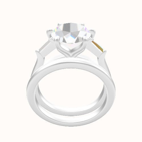Cathedral Band with Tapered Baguette Sidestones Engagement Ring With Petal Six Prong Head and Matching Band