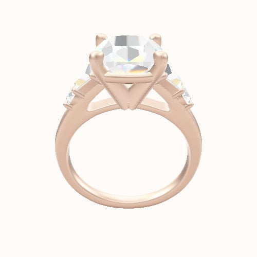 Cathedral Band with Trapezoid & Round Sidestones Engagement Ring With High Set Four Prong Head