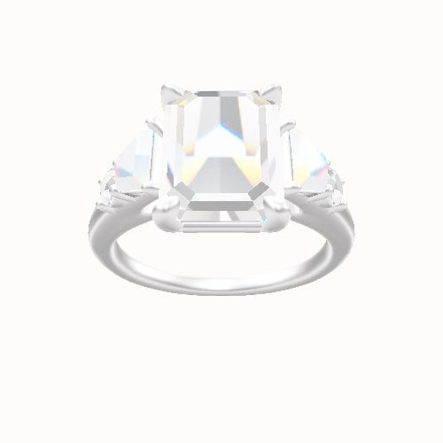 Cathedral Band with Trapezoid & Round Sidestones Engagement Ring With Low Set Four Prong Head