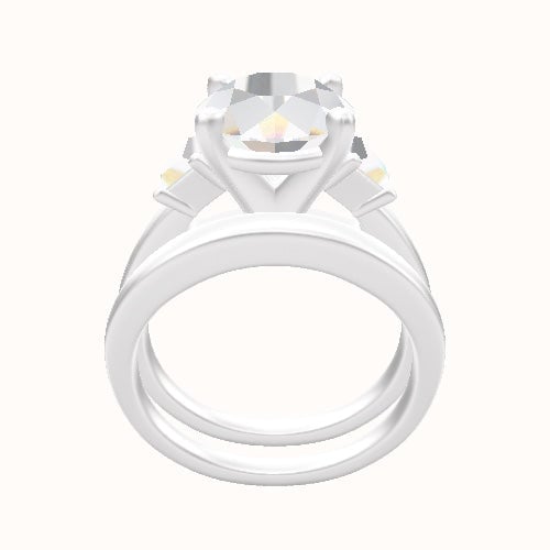 Cathedral Band with Trapezoid Sidestones Engagement Ring With High Set Four Prong Head and Matching Band