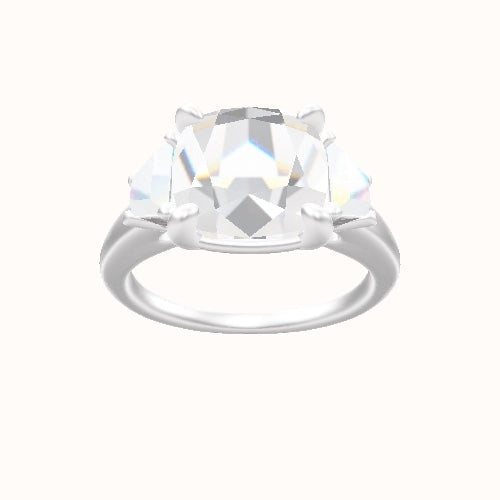 Cathedral Band with Trapezoid Sidestones Engagement Ring With Low Set Four Prong Head and Matching Band
