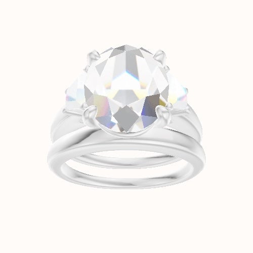 Cathedral Band with Trapezoid Sidestones Engagement Ring With Low Set Four Prong Head and Matching Band