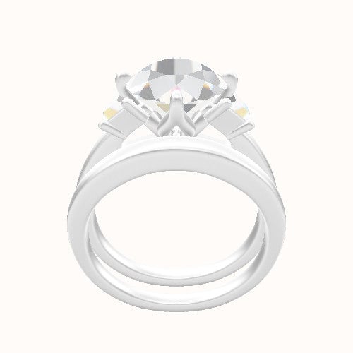 Cathedral Band with Trapezoid Sidestones Engagement Ring With Petal Compass Prong Head and Matching Band
