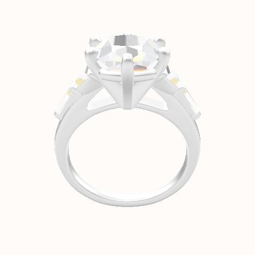 Cathedral Band with Trapezoid & Tapered Baguette Sidestones Engagement Ring With High Set Six Prong Head