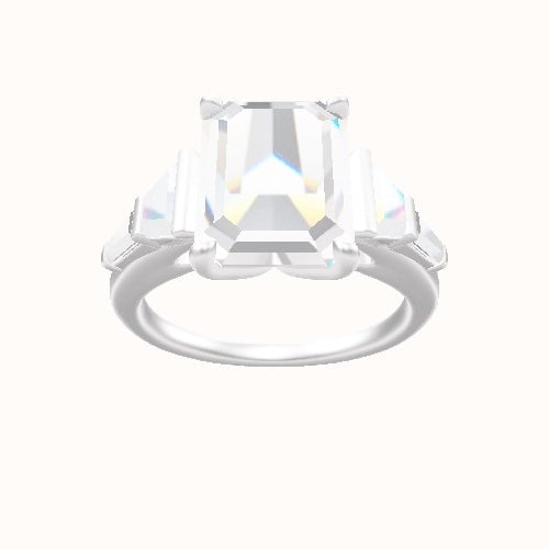 Cathedral Band with Trapezoid & Tapered Baguette Sidestones Engagement Ring With Petal Four Prong Head and Matching Band