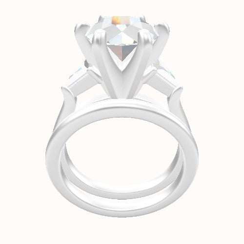 Cathedral Band with Trillion Sidestones Engagement Ring With Classic Six Prong Head and Matching Band
