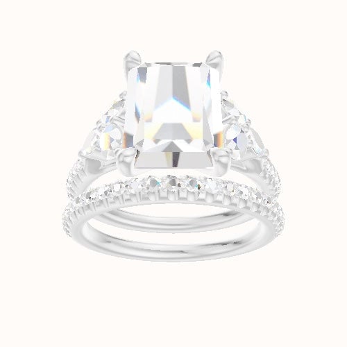Cathedral Diamond Band with Marquise & Round Sidestone Trio Engagement Ring With Four Prong Head and Matching Band