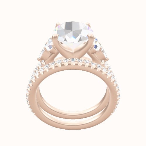 Cathedral Diamond Band with Marquise & Round Sidestone Trio Engagement Ring With Four Prong Head and Matching Band