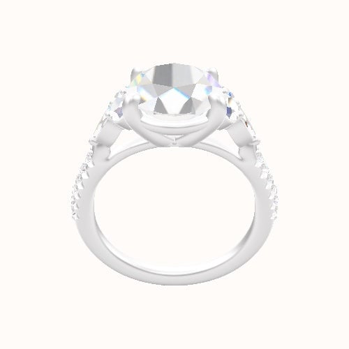 Cathedral Diamond Band with Marquise & Round Sidestone Trio Engagement Ring With Low Set Four Prong Head