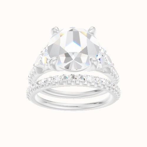 Cathedral Diamond Band with Marquise & Round Sidestone Trio Engagement Ring With Low Set Four Prong Head and Matching Band