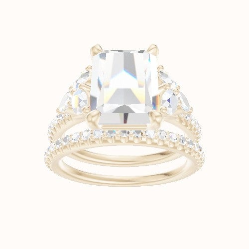 Cathedral Diamond Band with Marquise & Round Sidestone Trio Engagement Ring With Low Set Four Prong Head and Matching Band