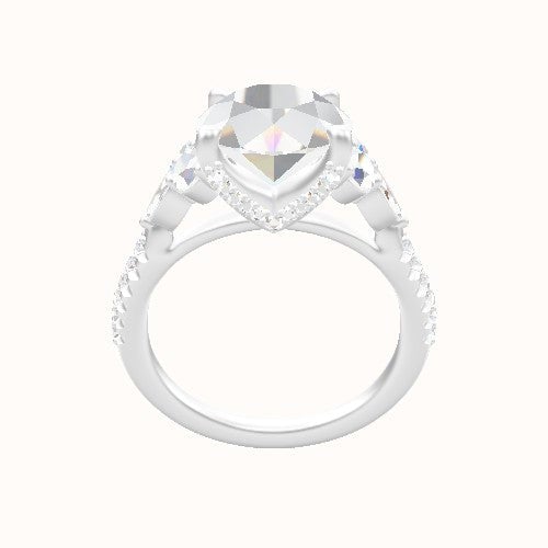 Cathedral Diamond Band with Marquise & Round Sidestone Trio Engagement Ring With Pave V Prong Head