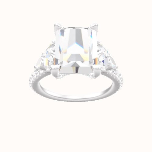 Cathedral Diamond Band with Marquise & Round Sidestone Trio Engagement Ring With Pave V Prong Head