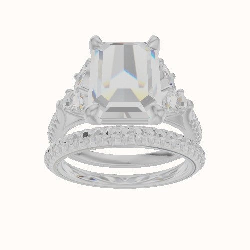 Cathedral Diamond Band with Marquise & Round Sidestones Engagement Ring With Low Set Four Prong Head and Matching Band