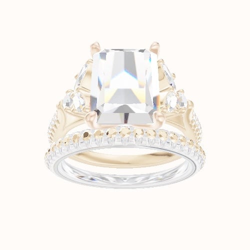 Cathedral Diamond Band with Marquise & Round Sidestones Engagement Ring With Petal Four Prong Head and Matching Band