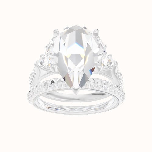 Cathedral Diamond Band with Marquise & Round Sidestones Engagement Ring With Petal Four Prong Head and Matching Band