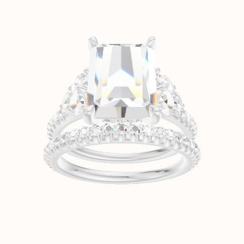 Cathedral Diamond Band with Round Sidestone Trio Engagement Ring With Front set gallery Head and Matching Band