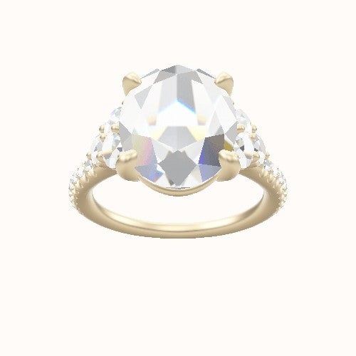 Cathedral Diamond Band with Round Sidestone Trio Engagement Ring With Low Set Four Prong Head