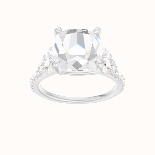Cathedral Diamond Band with Round Sidestone Trio Engagement Ring With Low Set Four Prong Head
