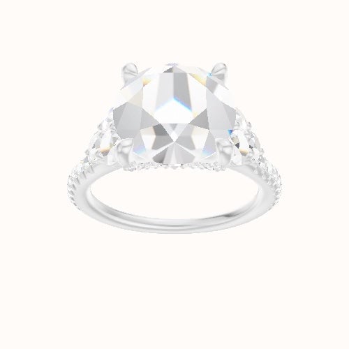 Cathedral Diamond Band with Round Sidestone Trio Engagement Ring With Pave V Prong Head