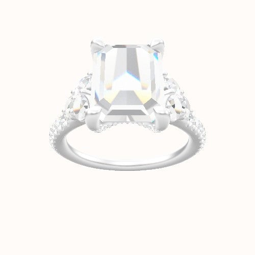 Cathedral Diamond Band with Round Sidestone Trio Engagement Ring With Pave V Prong Head