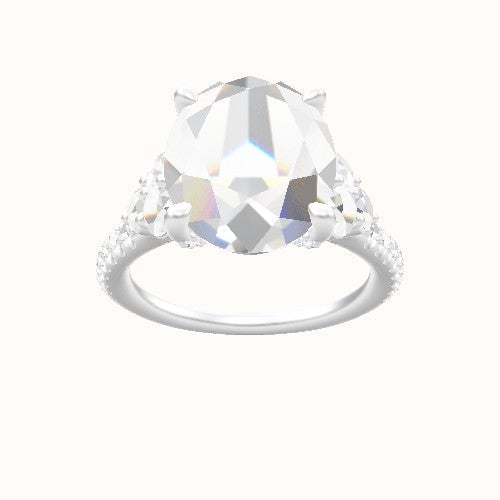 Cathedral Diamond Band with Round Sidestone Trio Engagement Ring With Pave V Prong Head and Matching Band