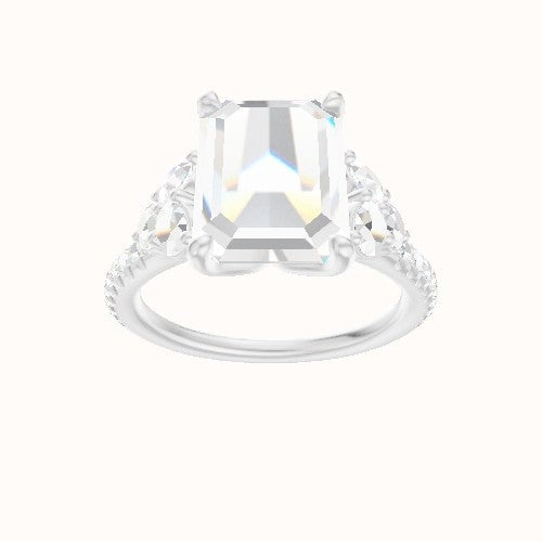 Cathedral Diamond Band with Round Sidestone Trio Engagement Ring With Petal Four Prong Head