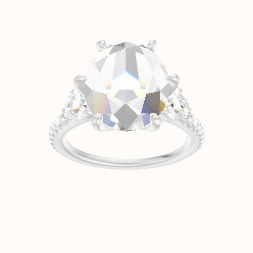 Cathedral Diamond Band with Round Sidestone Trio Engagement Ring With Petal Six Prong Head